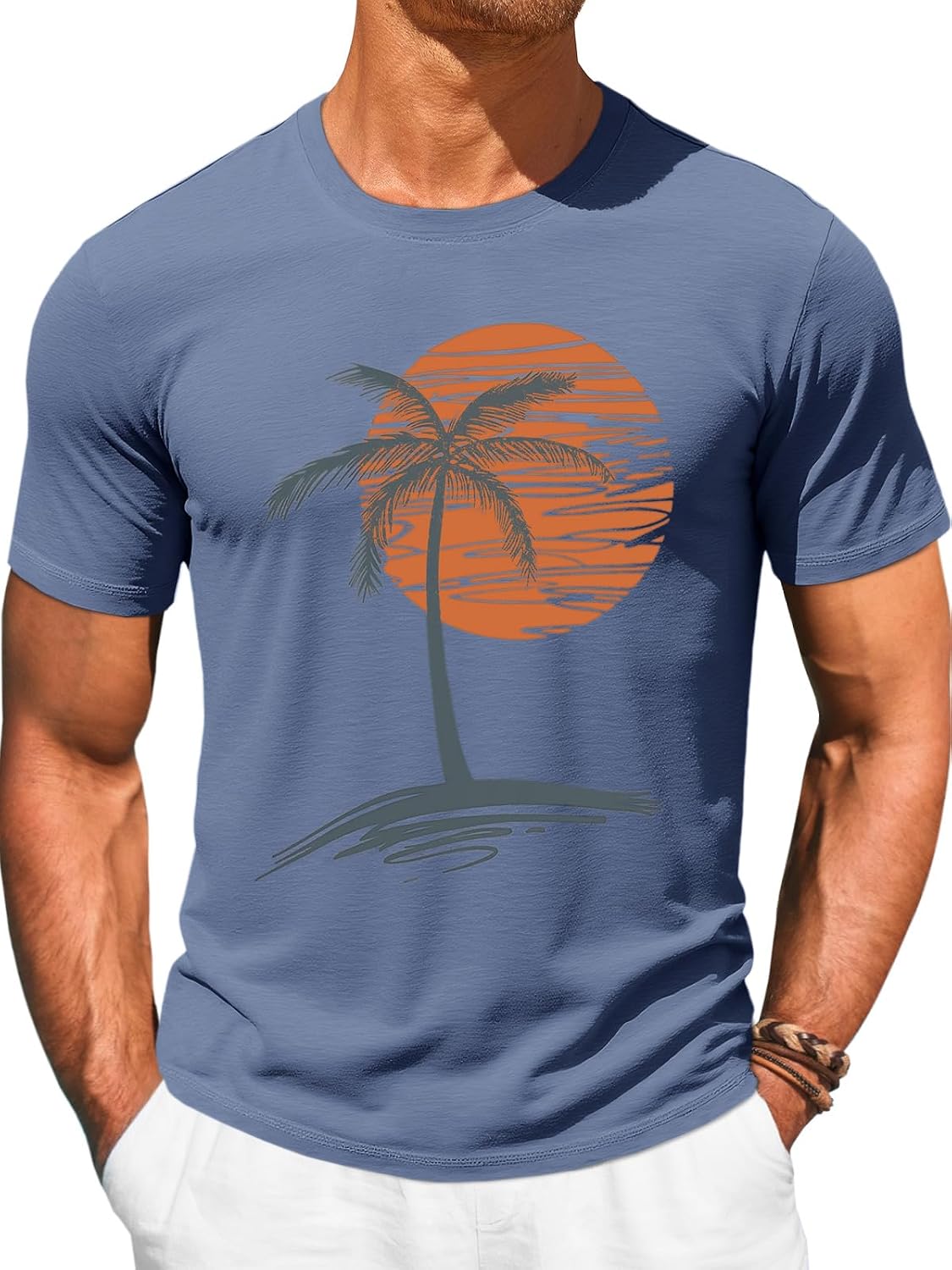 Men's Short-Sleeve T-Shirt – Crew neck casual top; vintage Hawaiian style with summer beach palm tree print