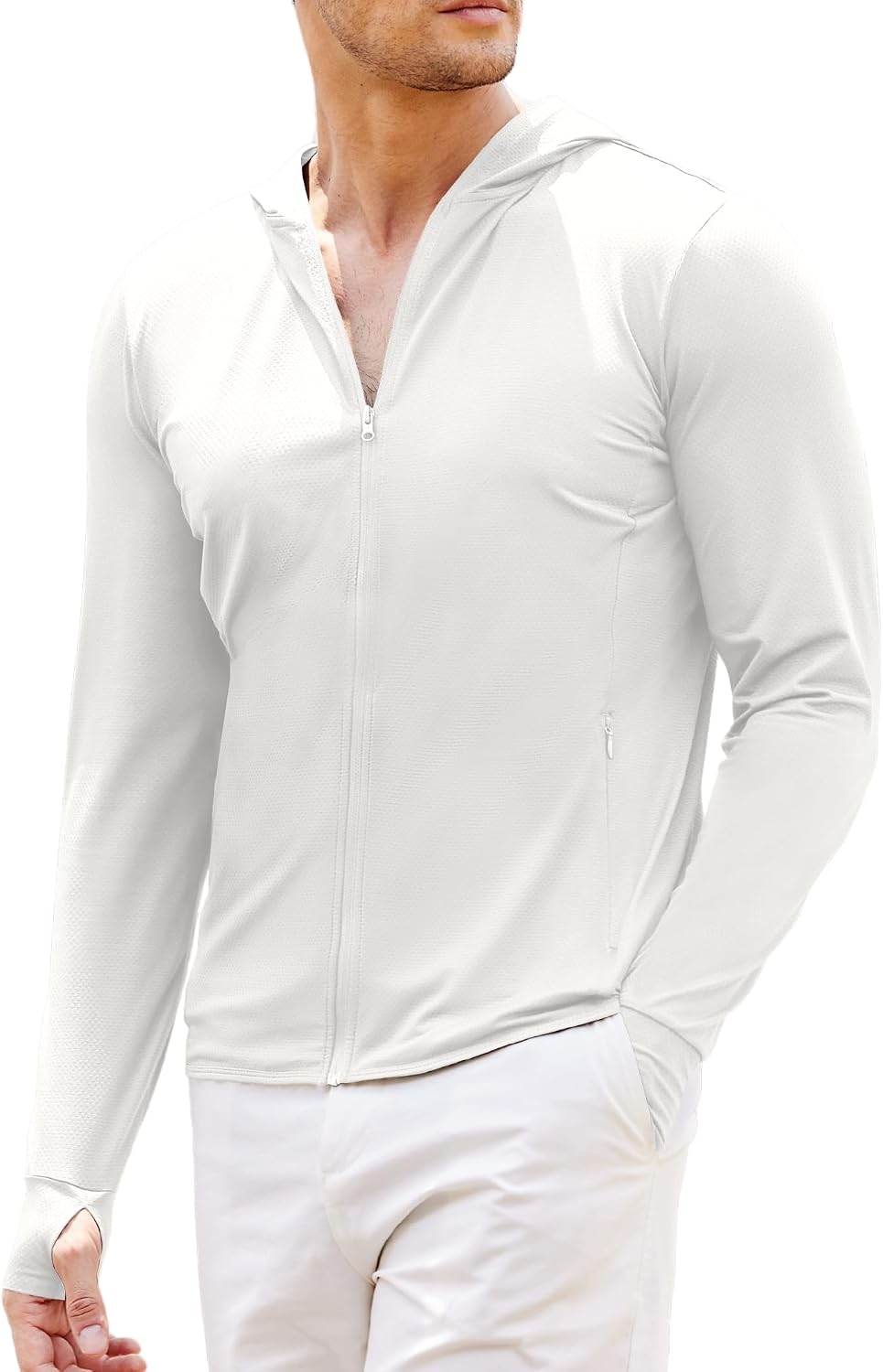 Men's Full Zip UPF 50+ Light Jacket Hooded Sun Protection Cooling Long Sleeve Shirts with Pockets
