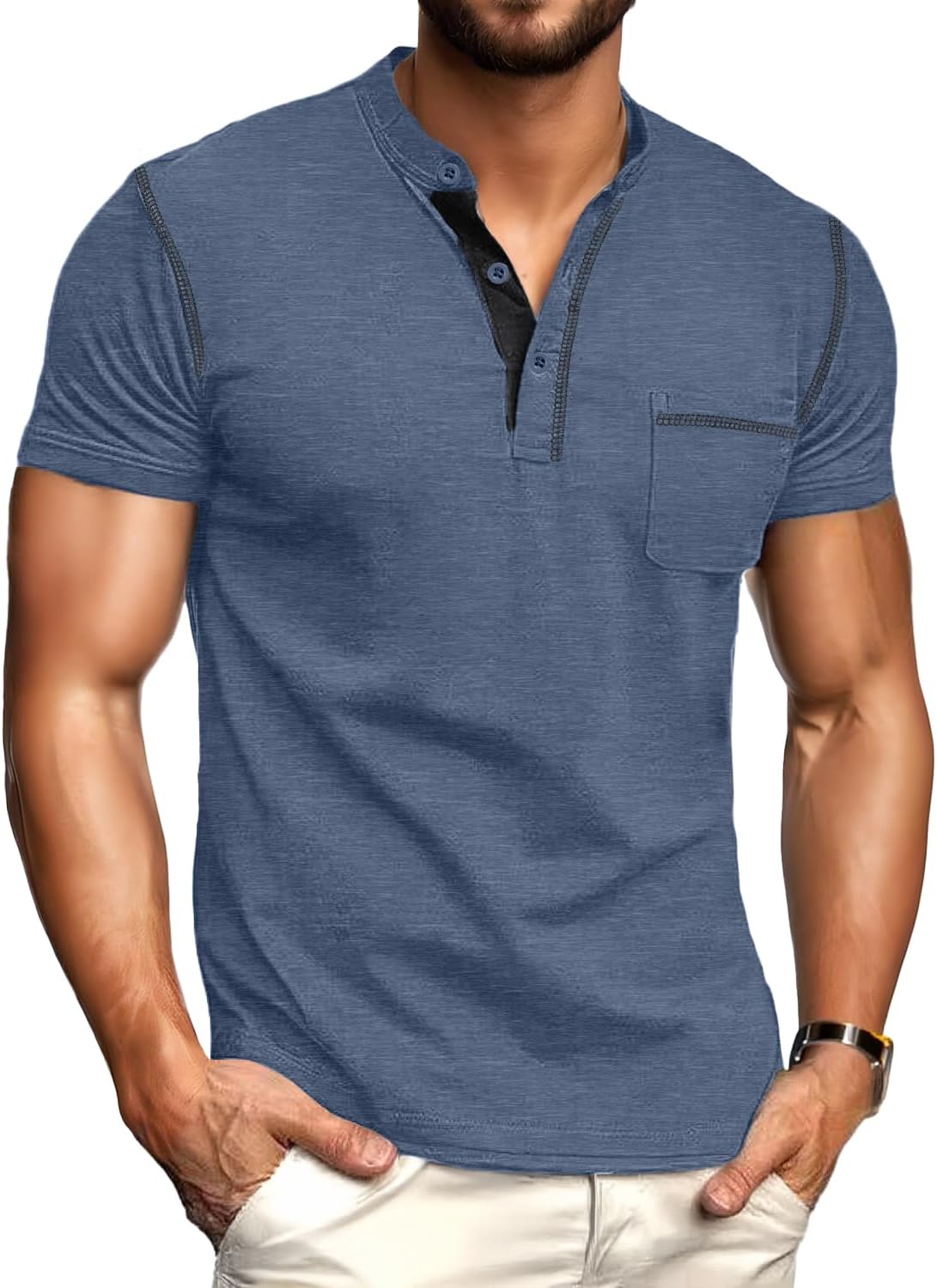 Men's Short-Sleeve Henley T-Shirt – Classic casual pure cotton top with pocket and button details