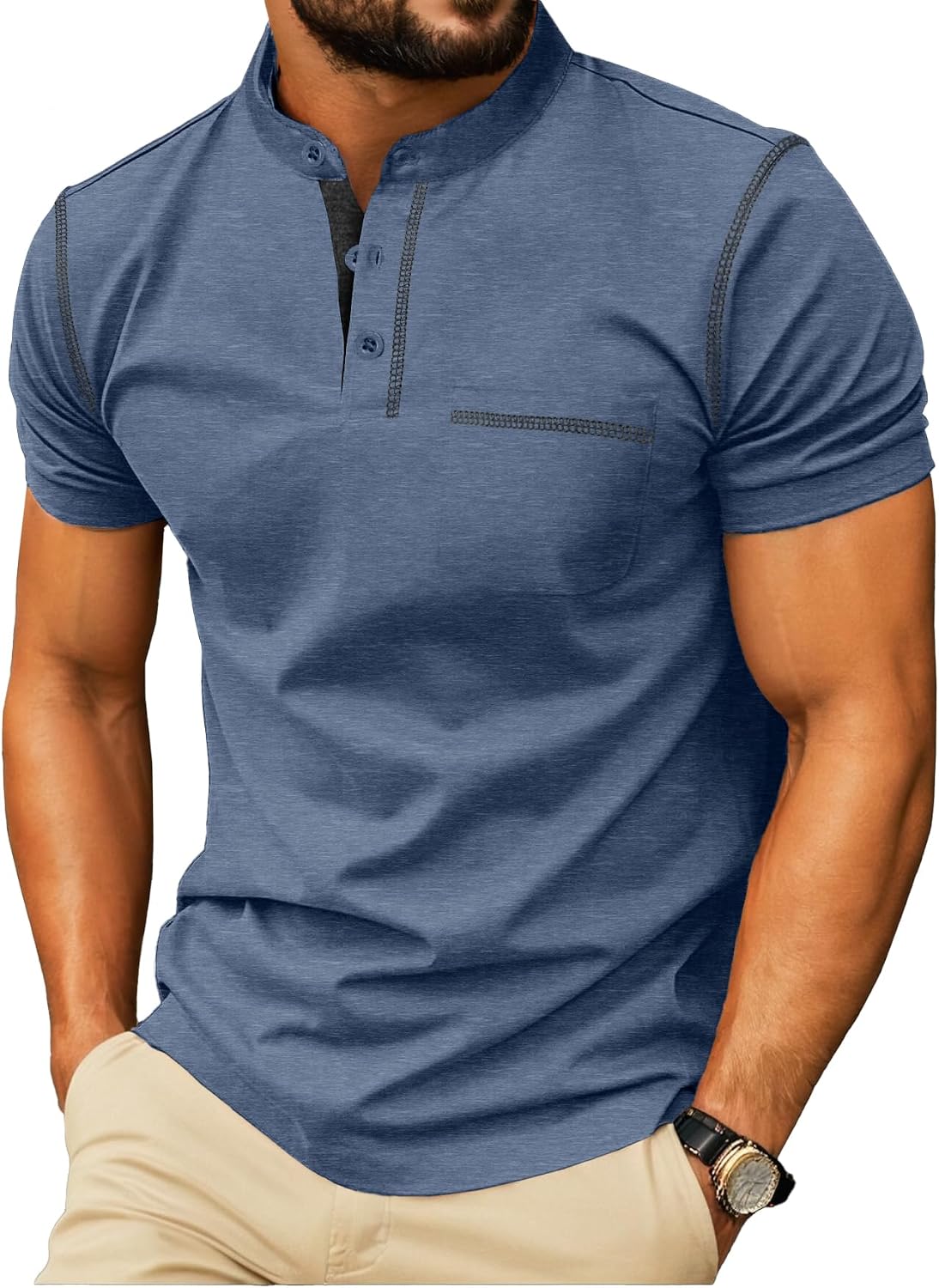 Men's Short-Sleeve Henley T-Shirt – Classic casual pure cotton top with pocket and button details