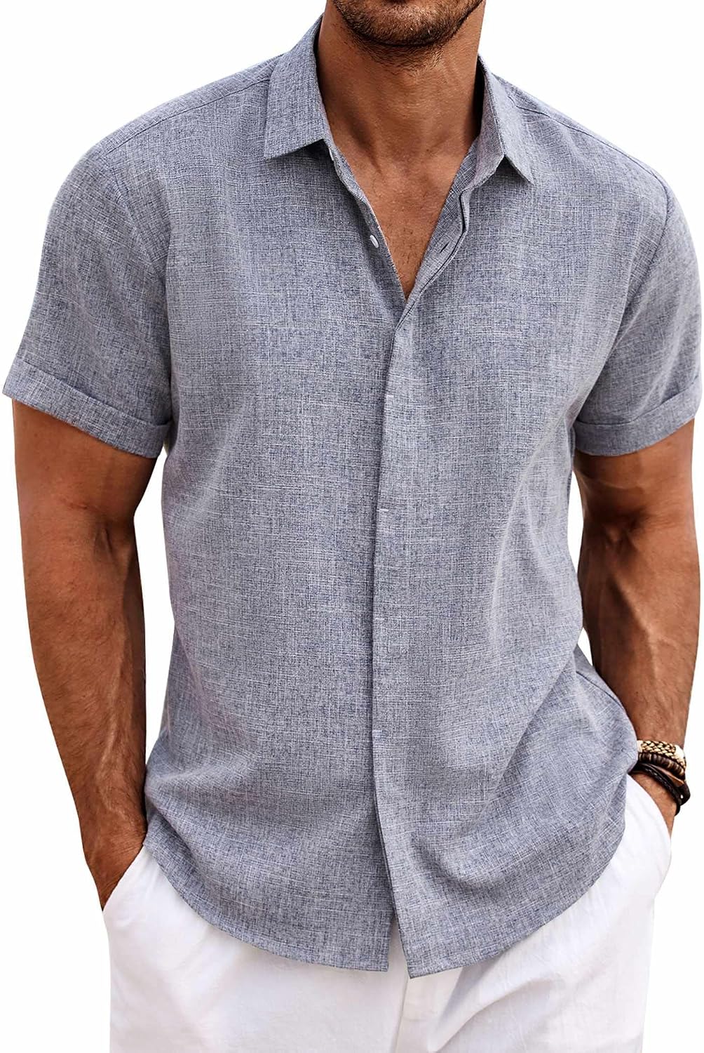Men's Short-Sleeve Linen Shirt – Casual button-down style; suitable for beach, summer, and weddings