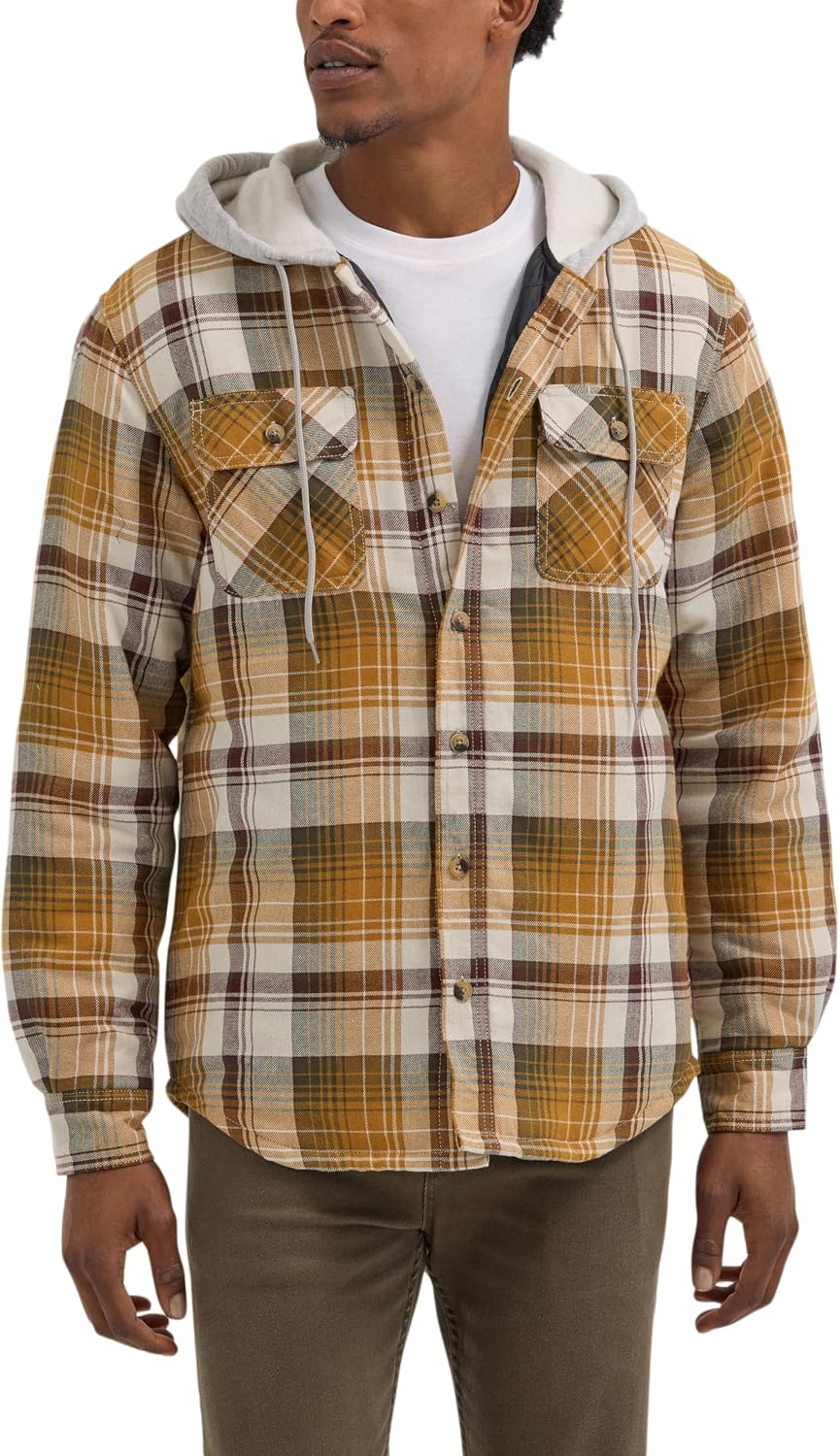 Men's Long Sleeve Quilted Lined Flannel Shirt Jacket with Hood
