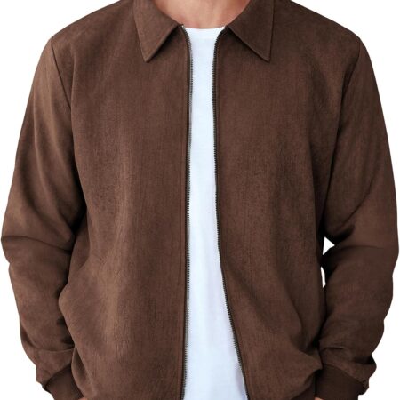 Men's Casual Suede Bomber Jacket Lightweight Full Zip Up Jackets Vintage Faux Leather Jacket