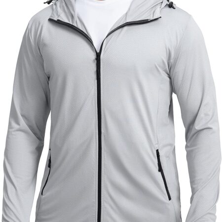 Men's UPF 50+ Light Jacket Full Zip Sun Protection Hoodie Long Sleeve Sun Shirts for Men Hiking Fishing Zip Pockets